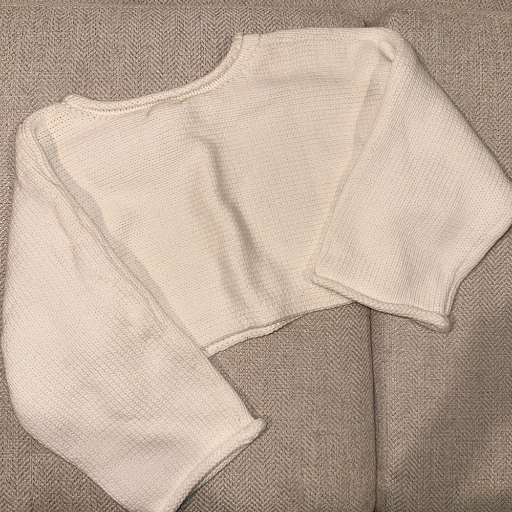 White cropped off the shoulder sweater